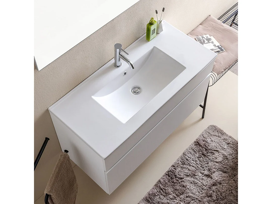 Meuble De Salle De Bain Suspendu 100 Cm Avec Tiroir Blanc Effect Bois | Sole