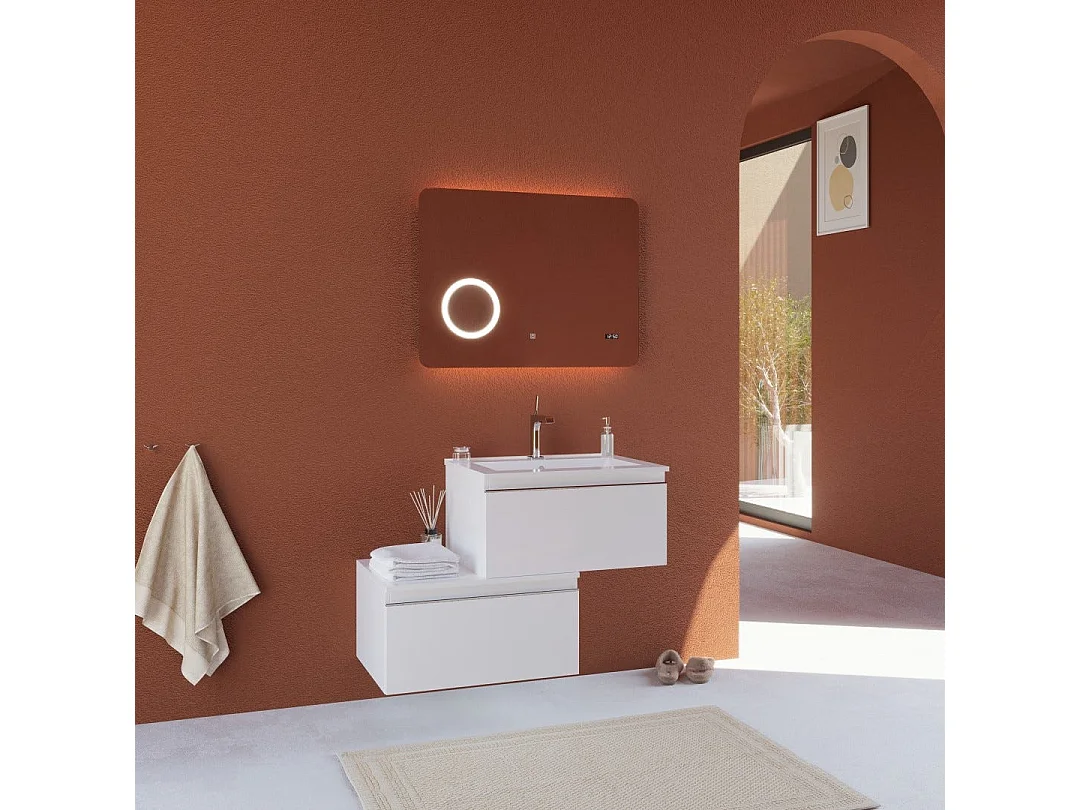 Armoire De Toilette Murale Avec Tiroir Blanc Excentré, Miroir 80X60 | Seattle