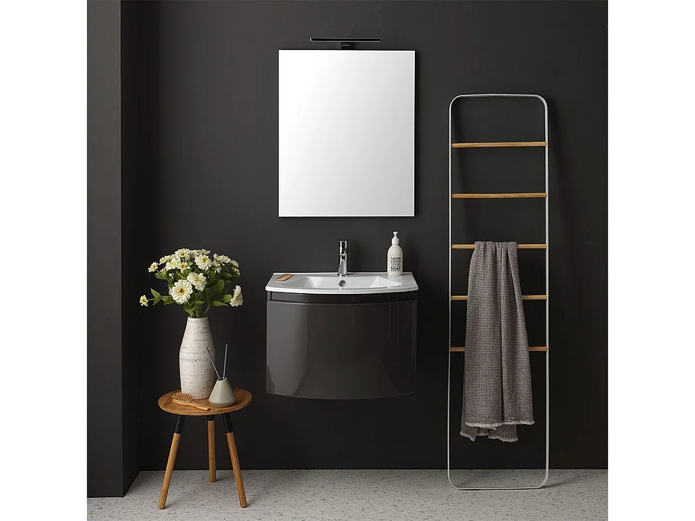 Armoire De Toilette Avec Lavabo Suspendu Gris Brillant Miroir Rectangulaire | Riva