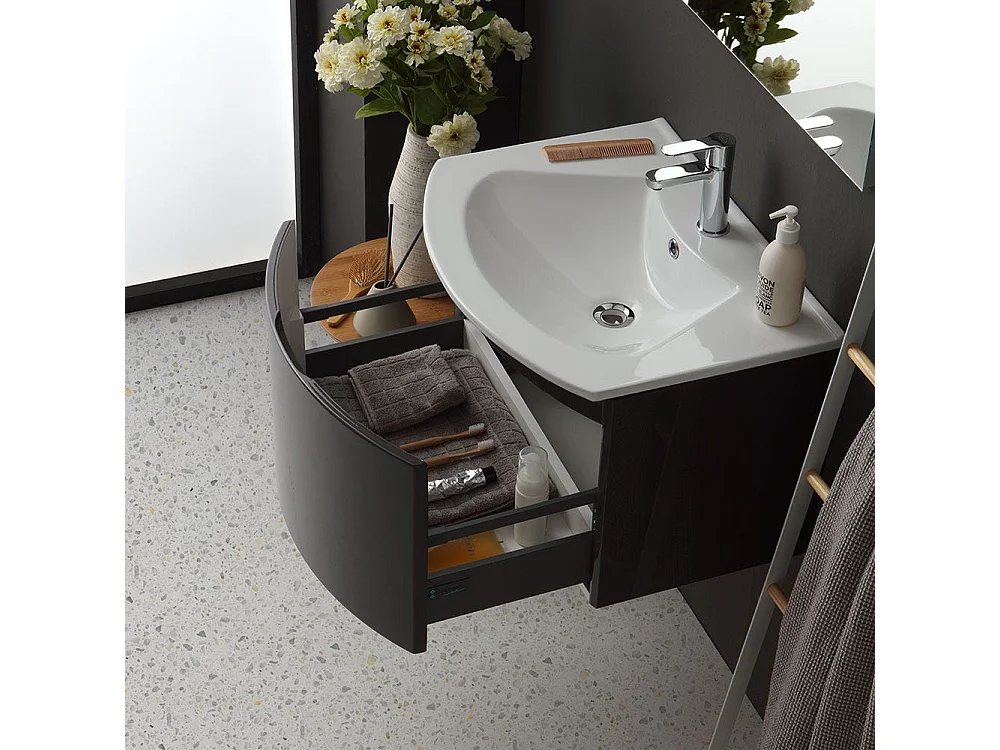 Armoire De Toilette Avec Lavabo Suspendu Gris Brillant Miroir Rectangulaire | Riva