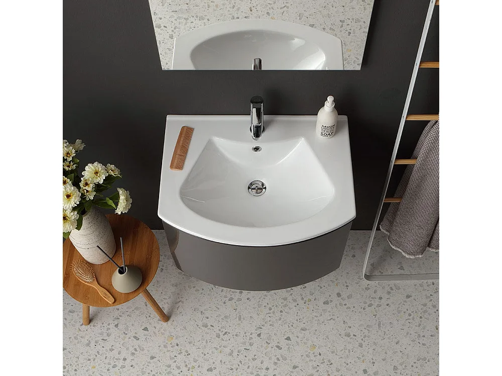 Armoire De Toilette Avec Lavabo Suspendu Gris Brillant Miroir Rectangulaire | Riva