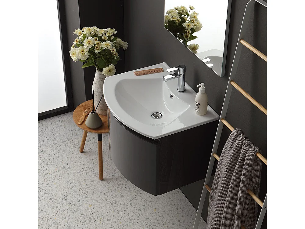 Armoire De Toilette Avec Lavabo Suspendu Gris Brillant Miroir Rectangulaire | Riva