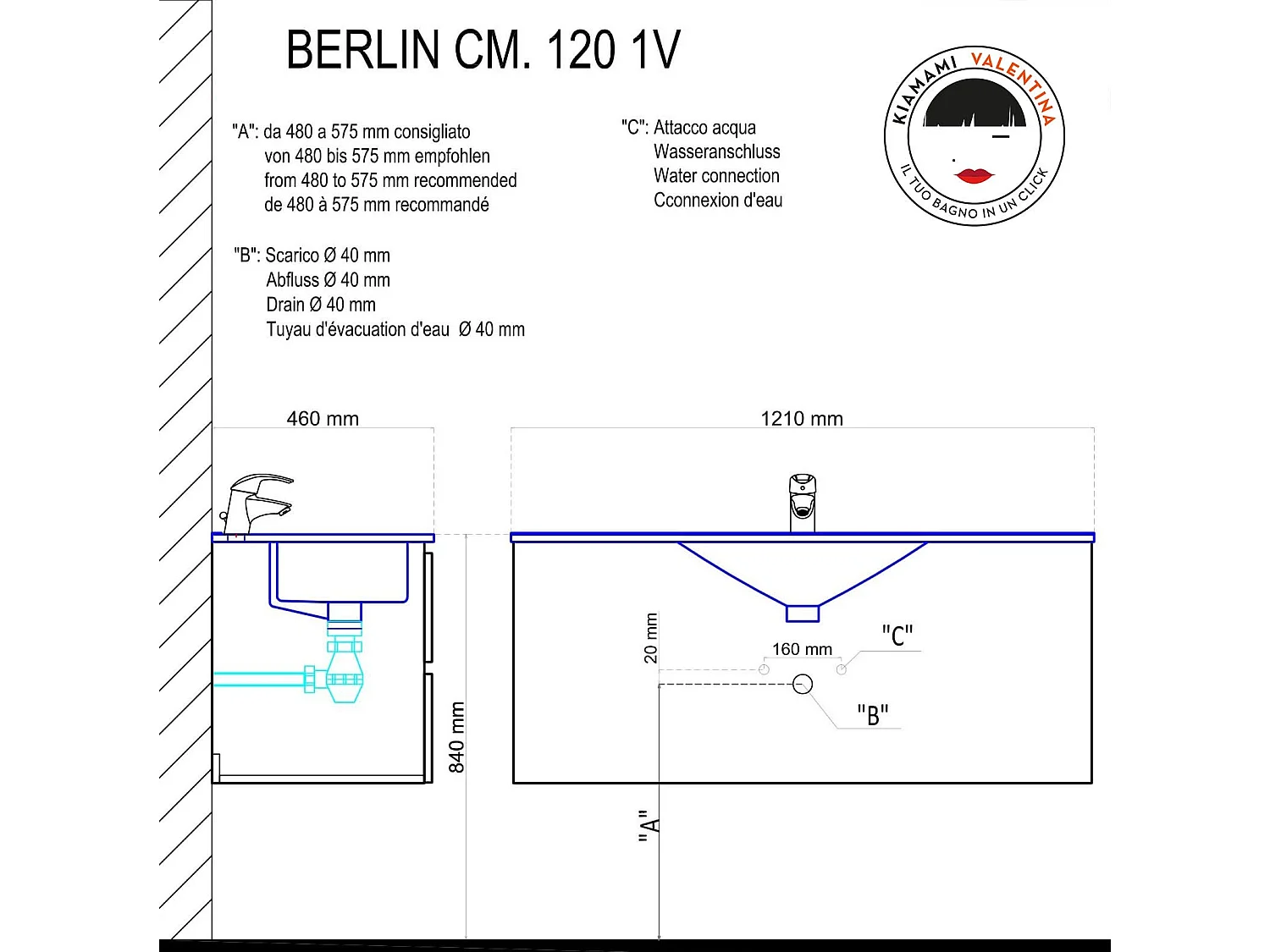 Armoire De Toilette Murale Avec Lavabo Intégré Et Miroir Série Berlin 120 Cm
