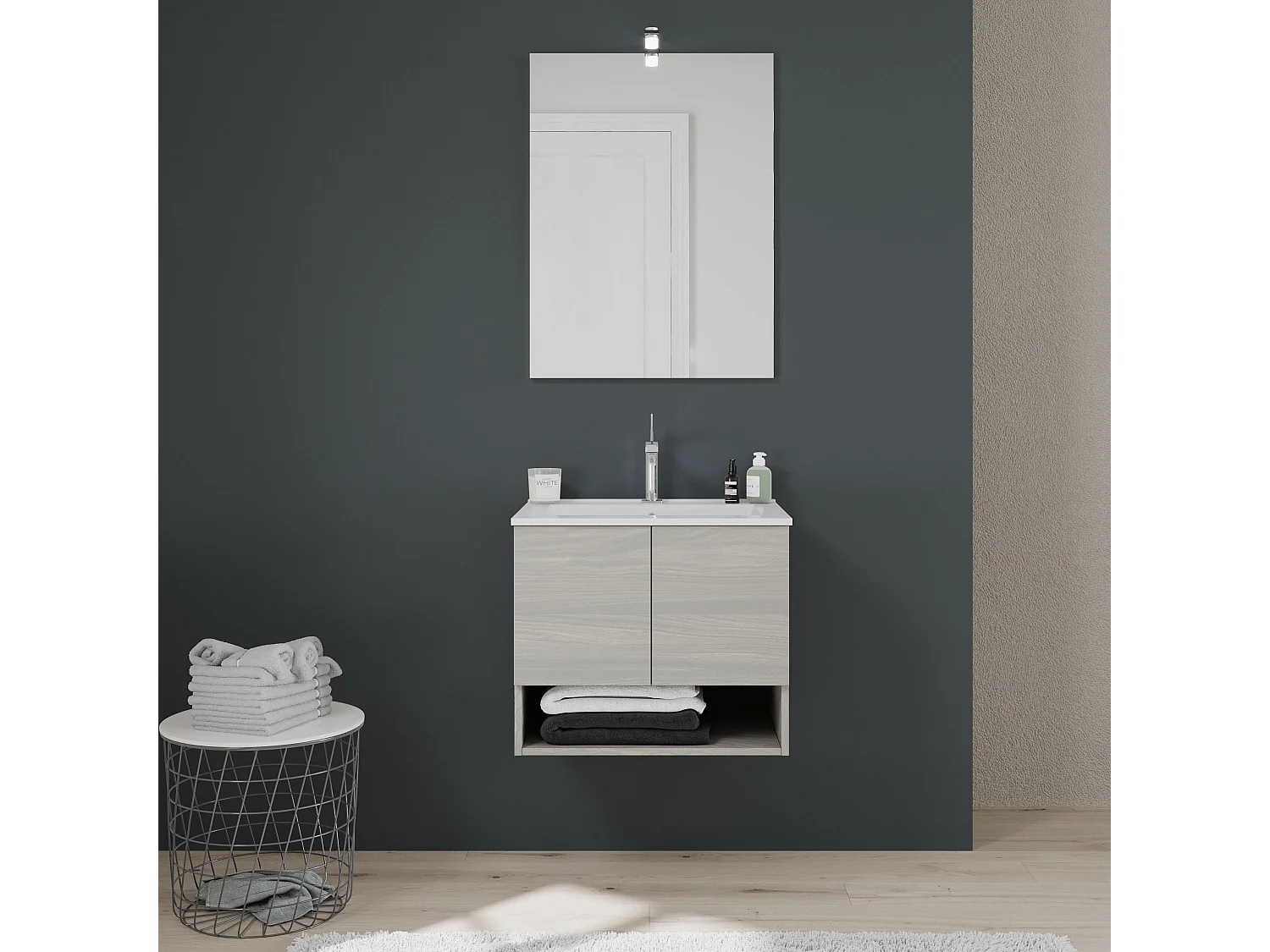 Meuble De Bain Suspendu 60Cm Avec Portes Et Compartiment Ouvert En Gris Aspect Bois | Venezia