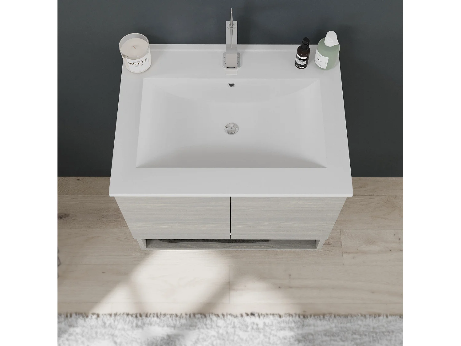 Meuble De Bain Suspendu 60Cm Avec Portes Et Compartiment Ouvert En Gris Aspect Bois | Venezia
