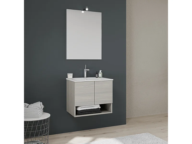 Meuble De Bain Suspendu 60Cm Avec Portes Et Compartiment Ouvert En Gris Aspect Bois | Venezia