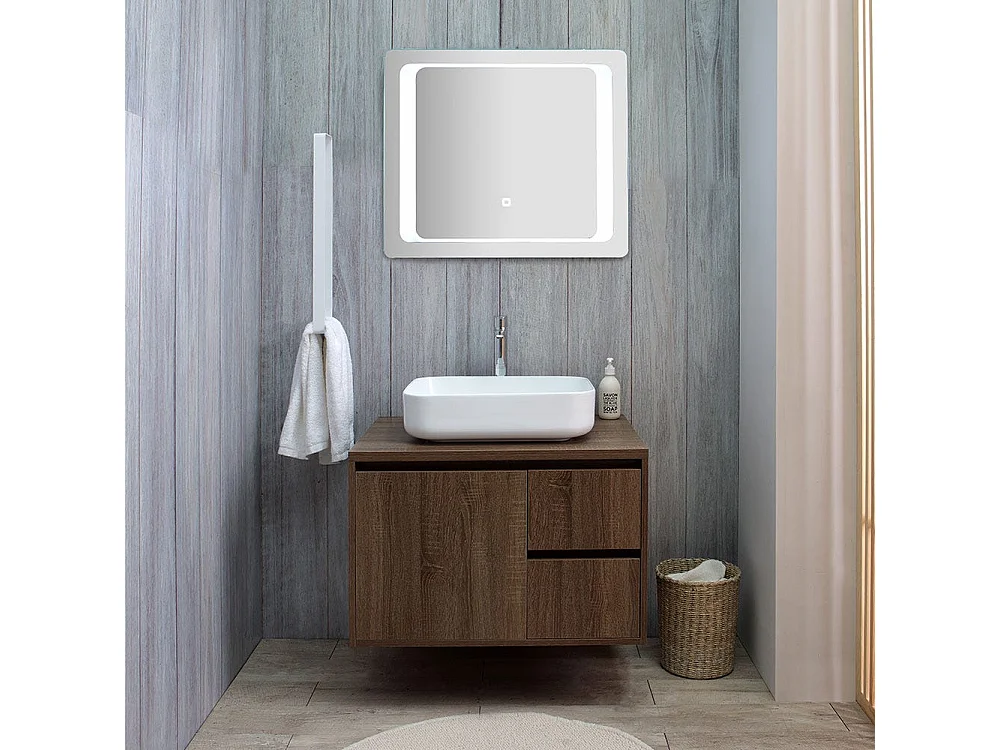 Meuble De Salle De Bain Suspendu 75 Cm Noyer Foncé Et Miroir Led Tactile | Siena