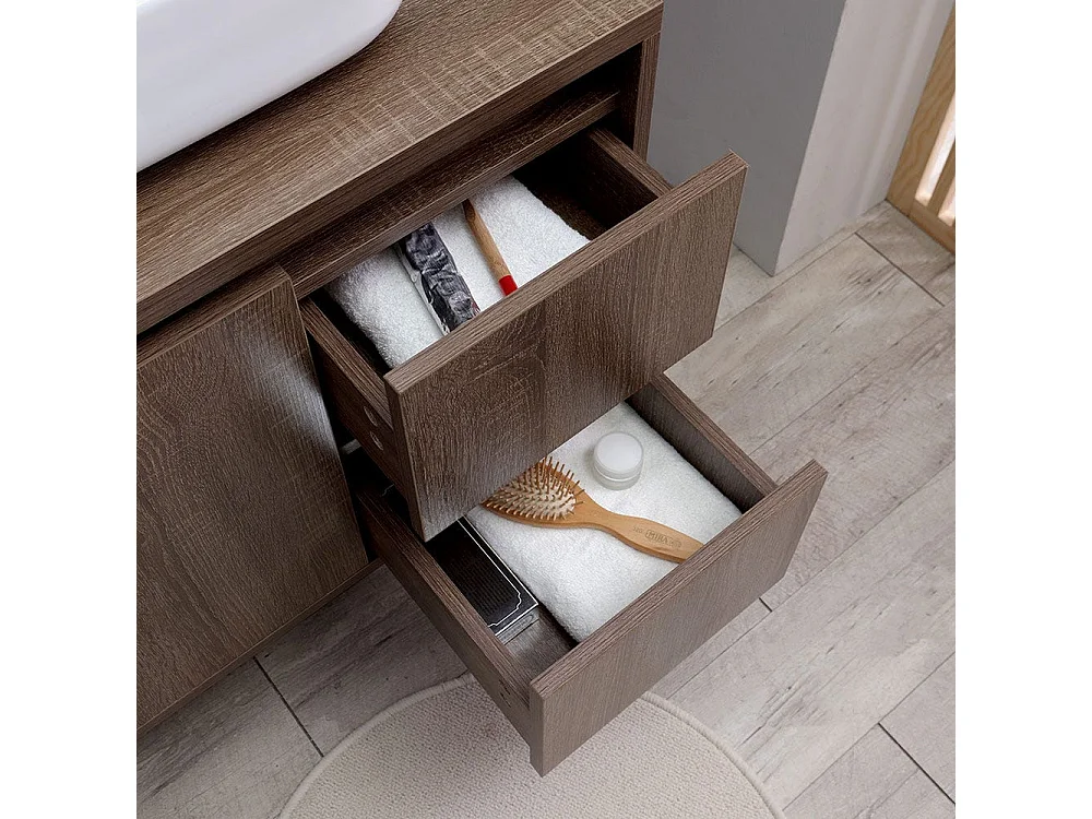 Meuble De Salle De Bain Suspendu 75 Cm Noyer Foncé Et Miroir Led Tactile | Siena