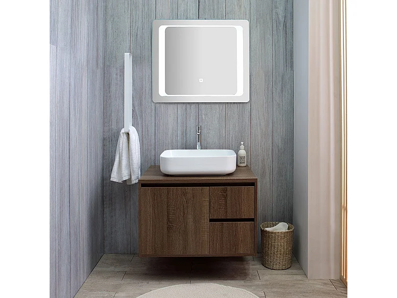 Meuble De Salle De Bain Suspendu 75 Cm Noyer Foncé Et Miroir Led Tactile | Siena