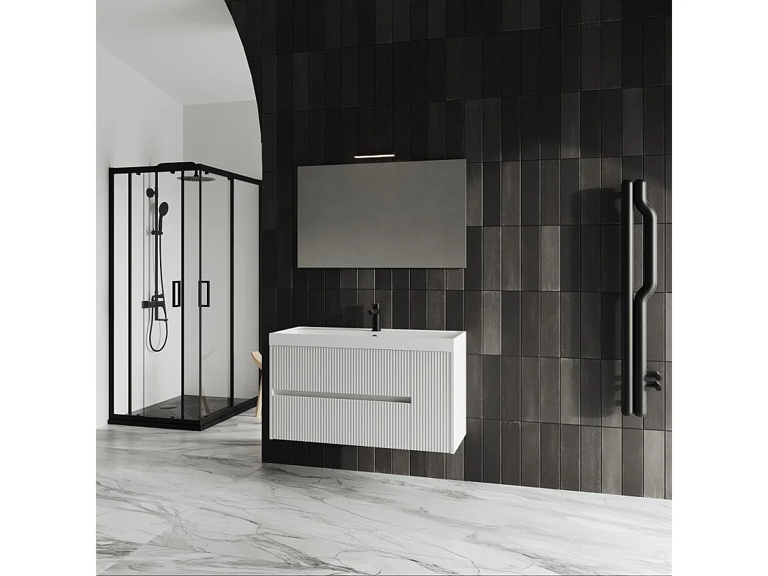 Mobile Salle De Bain Cannettato 100Cm Blanc Mat Miroir 100X60 | Cortina