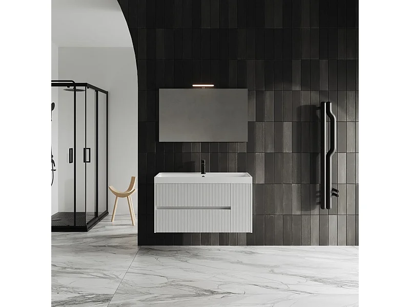 Mobile Salle De Bain Cannettato 100Cm Blanc Mat Miroir 100X60 | Cortina