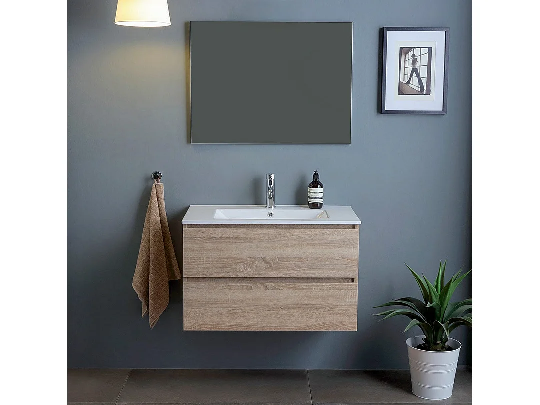 Meuble De Salle De Bains Mural De 80 Cm Avec Deux Tiroirs En Chêne Naturel | Berlin