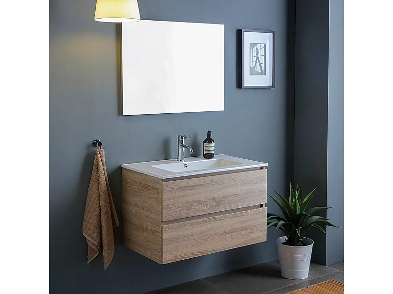 Meuble De Salle De Bains Mural De 80 Cm Avec Deux Tiroirs En Chêne Naturel | Berlin