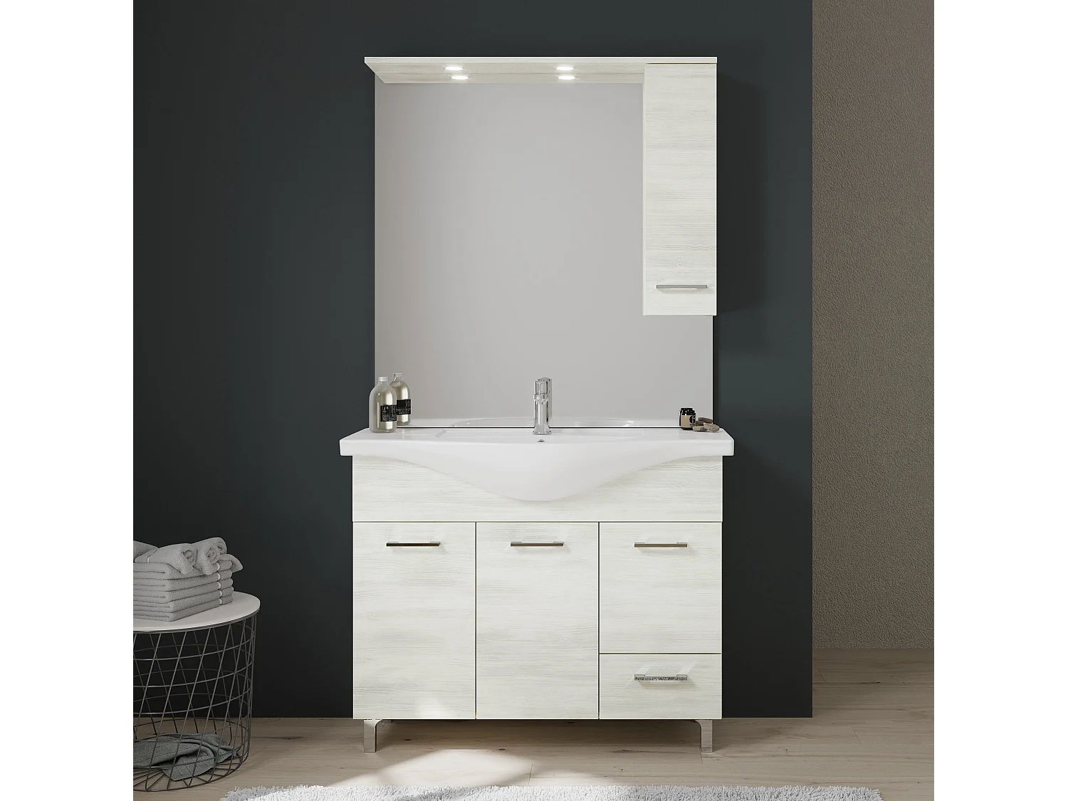 Meuble De Salle De Bain Sur Pieds 105Cm Meuble-Haut Avec Miroir Et Lumière Blanche | Rimini