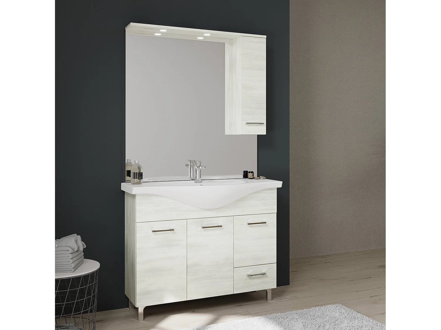 Meuble De Salle De Bain Sur Pieds 105Cm Meuble-Haut Avec Miroir Et Lumière Blanche | Rimini