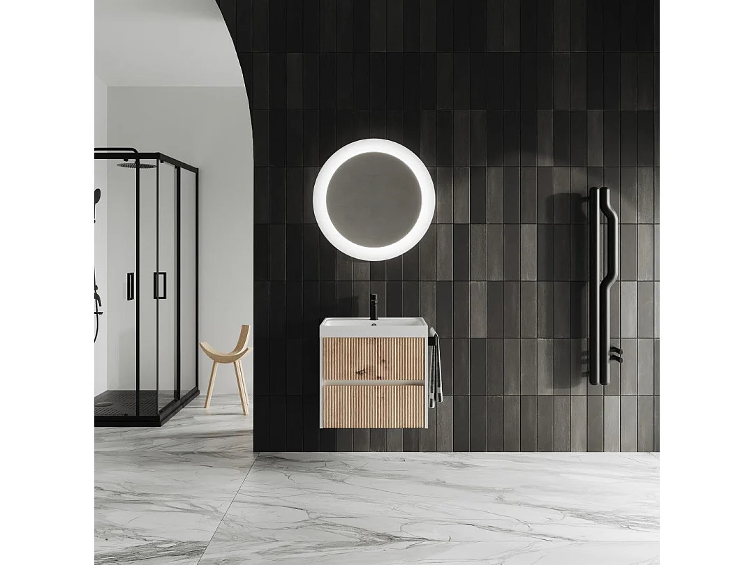 Meuble De Salle De Bains Suspendu 60Cm 2 Tiroirs Chêne Doré Canneté| Cortina