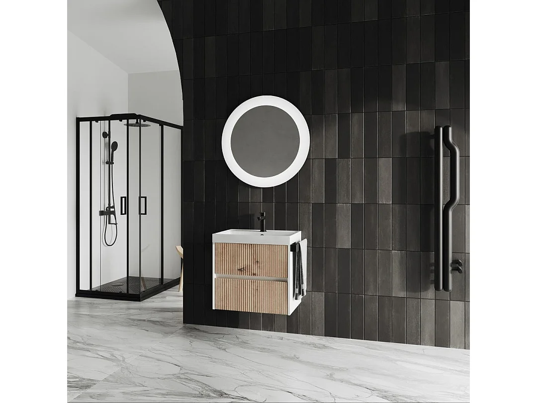 Meuble De Salle De Bains Suspendu 60Cm 2 Tiroirs Chêne Doré Canneté| Cortina