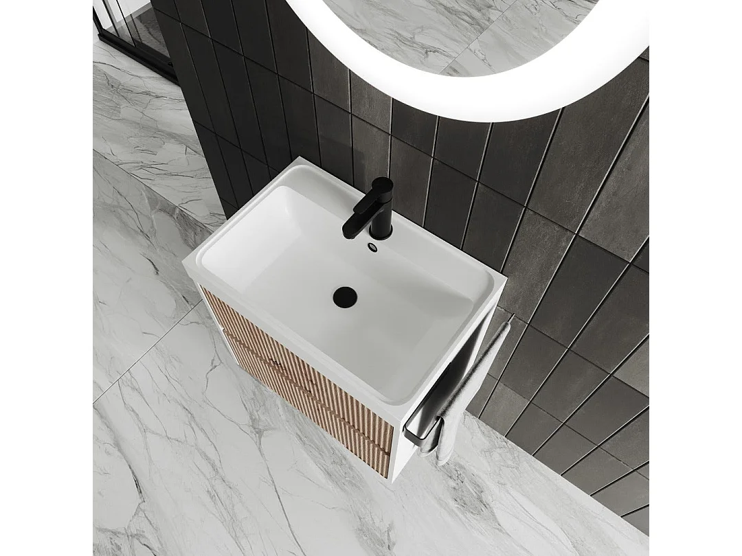 Meuble De Salle De Bains Suspendu 60Cm 2 Tiroirs Chêne Doré Canneté| Cortina