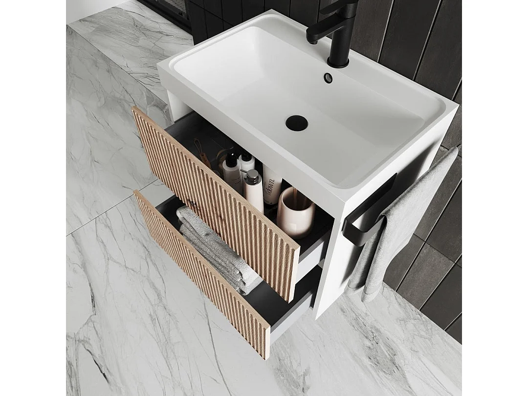 Meuble De Salle De Bains Suspendu 60Cm 2 Tiroirs Chêne Doré Canneté| Cortina