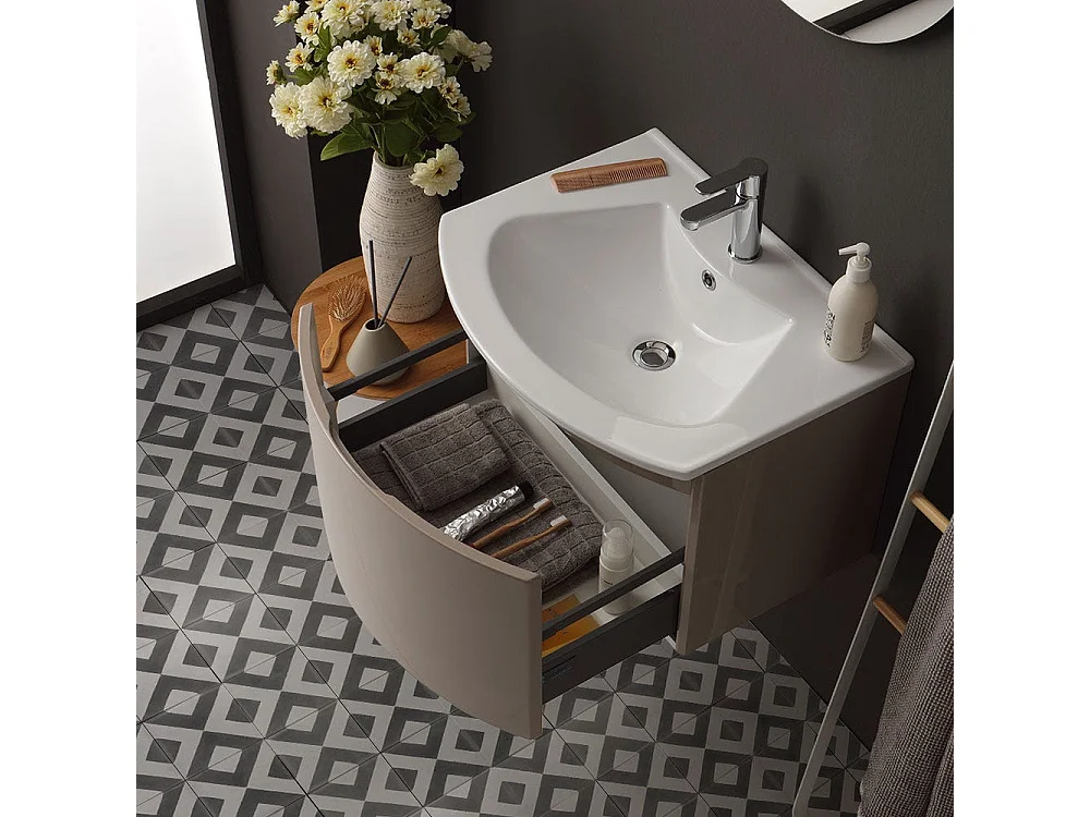 Armoire De Toilette Suspendue Ligne Courbe 62 Cm Cappuccino Poli Miroir Rond | Riva