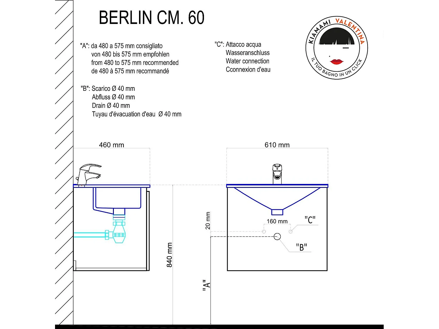 Les Meubles De Salle De Bain 60 Cm À Tiroirs Modèle Berlin Elm Leone Basin D'éclairage À Led