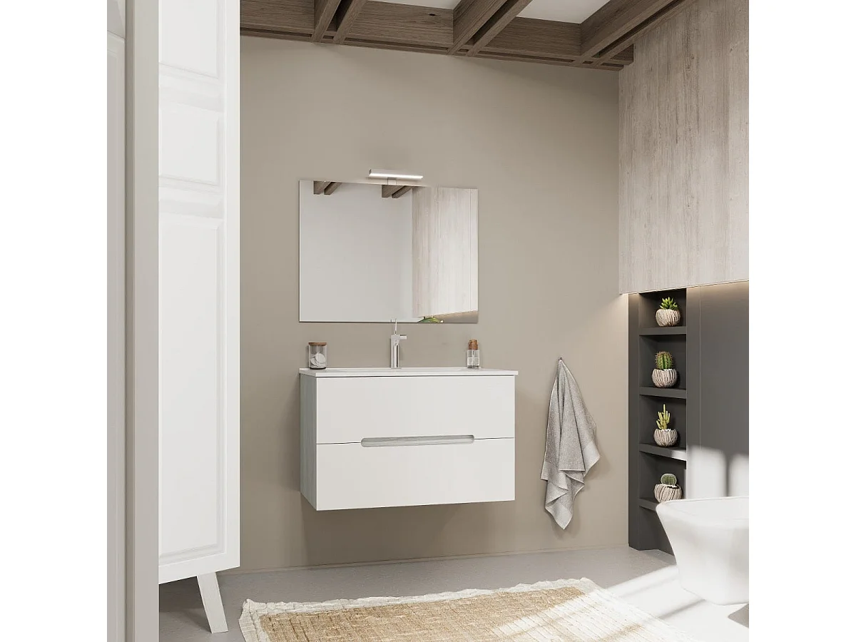 Meuble De Salle De Bain Blanc Mat 80Cm Avec Côtés En Chêne Gris | Magnolia