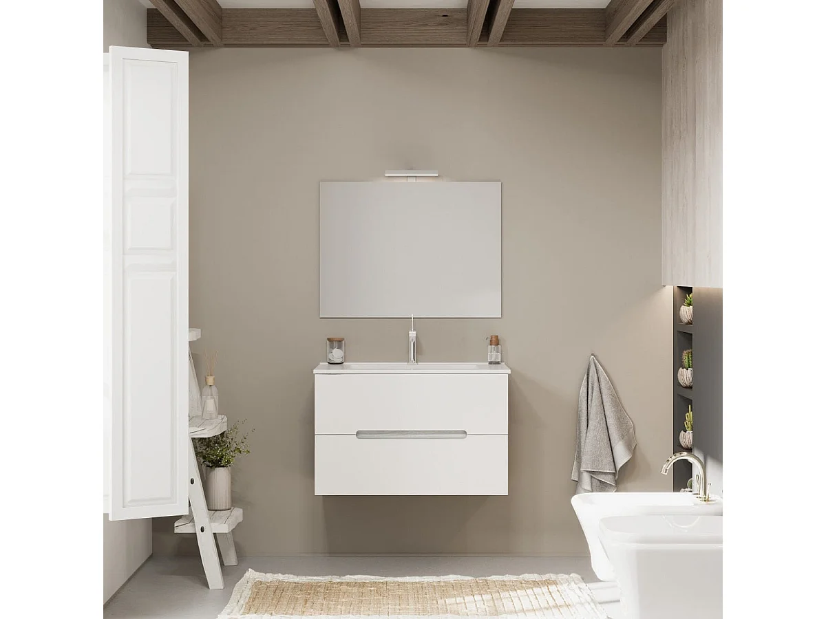 Meuble De Salle De Bain Blanc Mat 80Cm Avec Côtés En Chêne Gris | Magnolia