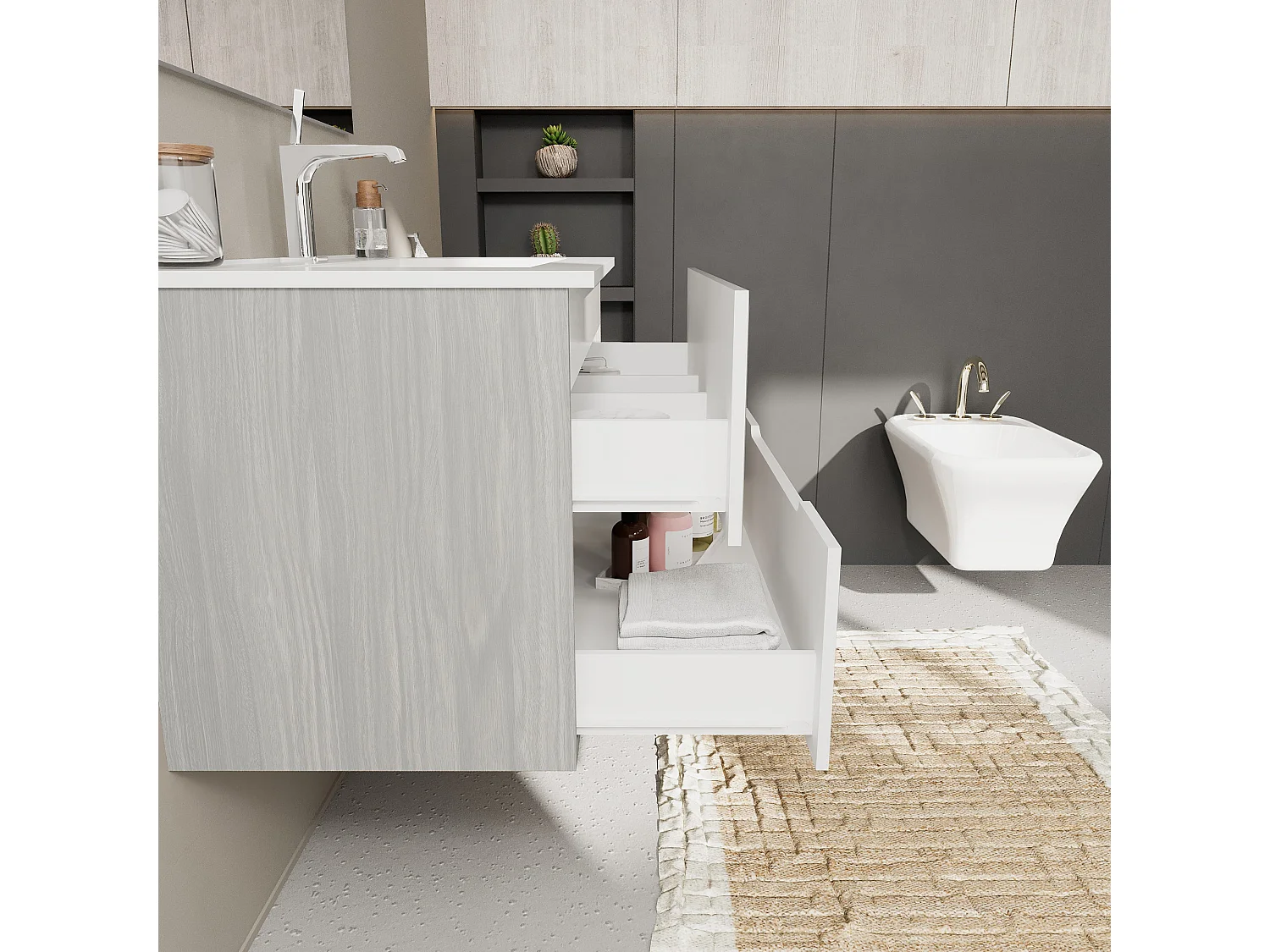 Meuble De Salle De Bain Blanc Mat 80Cm Avec Côtés En Chêne Gris | Magnolia