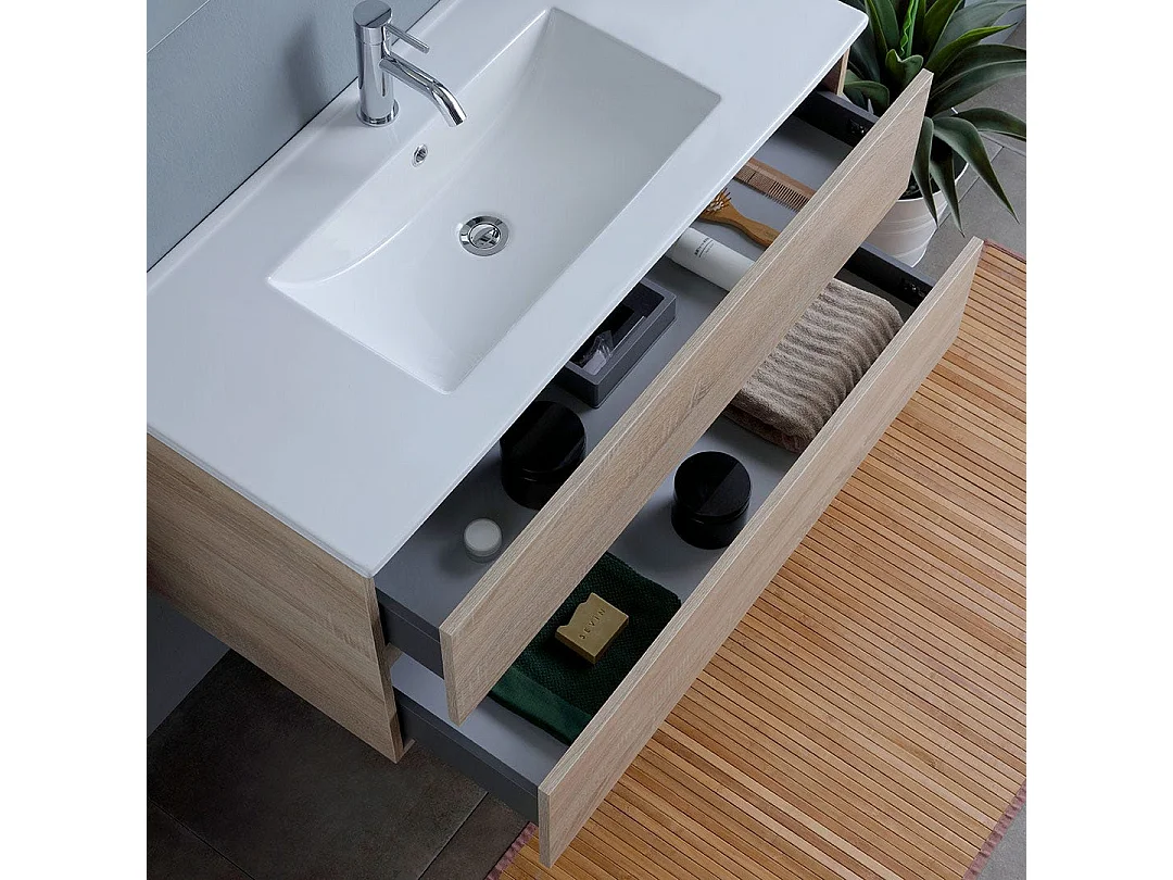 Meuble De Salle De Bains Avec Lavabo 120Cm Avec Tiroirs Chêne Naturel | Berlin