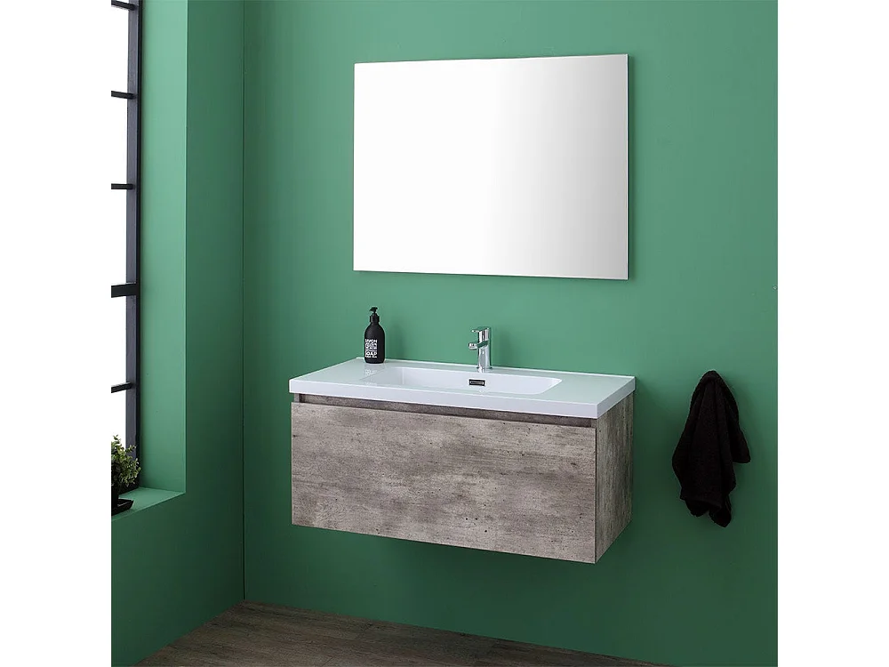 Meuble Avec Tiroir 90Cm Pour Salle De Bain De Couleur Ciment Avec Lavabo Et Miroir | Madrid