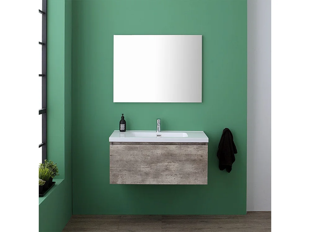 Meuble Avec Tiroir 90Cm Pour Salle De Bain De Couleur Ciment Avec Lavabo Et Miroir | Madrid