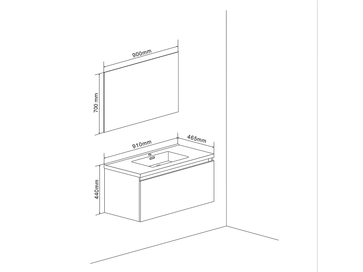 Meuble Avec Tiroir 90Cm Pour Salle De Bain De Couleur Ciment Avec Lavabo Et Miroir | Madrid