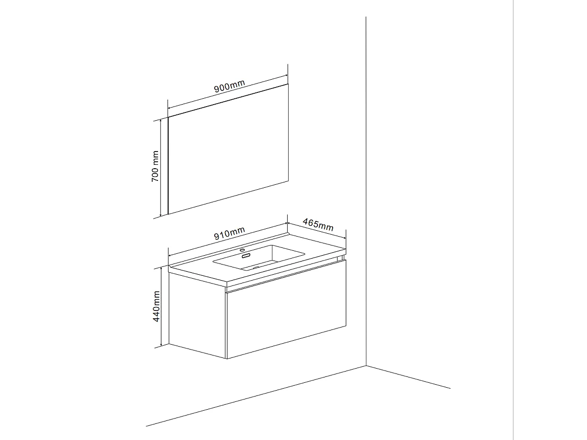 Meuble Avec Tiroir 90Cm Pour Salle De Bain De Couleur Ciment Avec Lavabo Et Miroir | Madrid