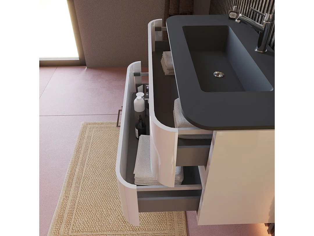 Meuble De Salle De Bains Mural 100Cm Tiroirs Blanc Brillant Avec Lavabo Noir | Hollywood