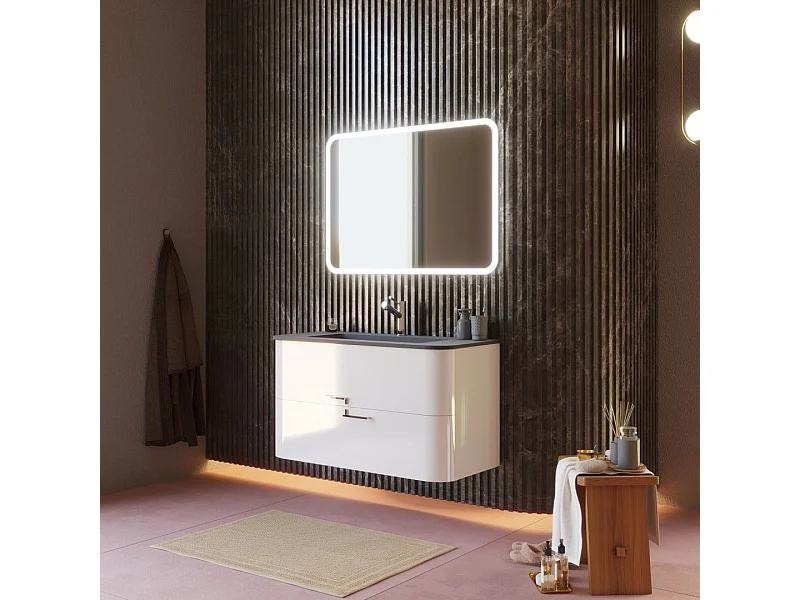 Meuble De Salle De Bains Mural 100Cm Tiroirs Blanc Brillant Avec Lavabo Noir | Hollywood