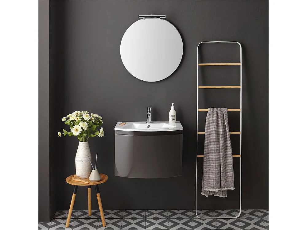 Armoire De Toilette Suspendue Cintrée 62 Cm Gris Brillant Miroir Rond | Riva