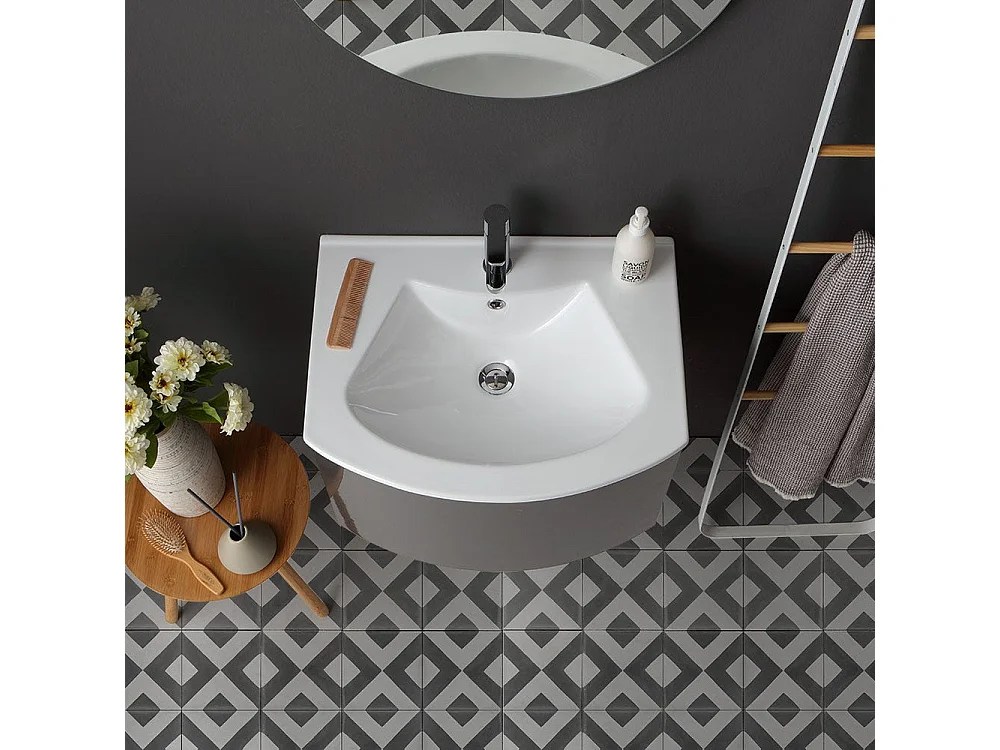 Armoire De Toilette Suspendue Cintrée 62 Cm Gris Brillant Miroir Rond | Riva