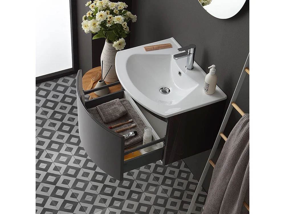 Armoire De Toilette Suspendue Cintrée 62 Cm Gris Brillant Miroir Rond | Riva