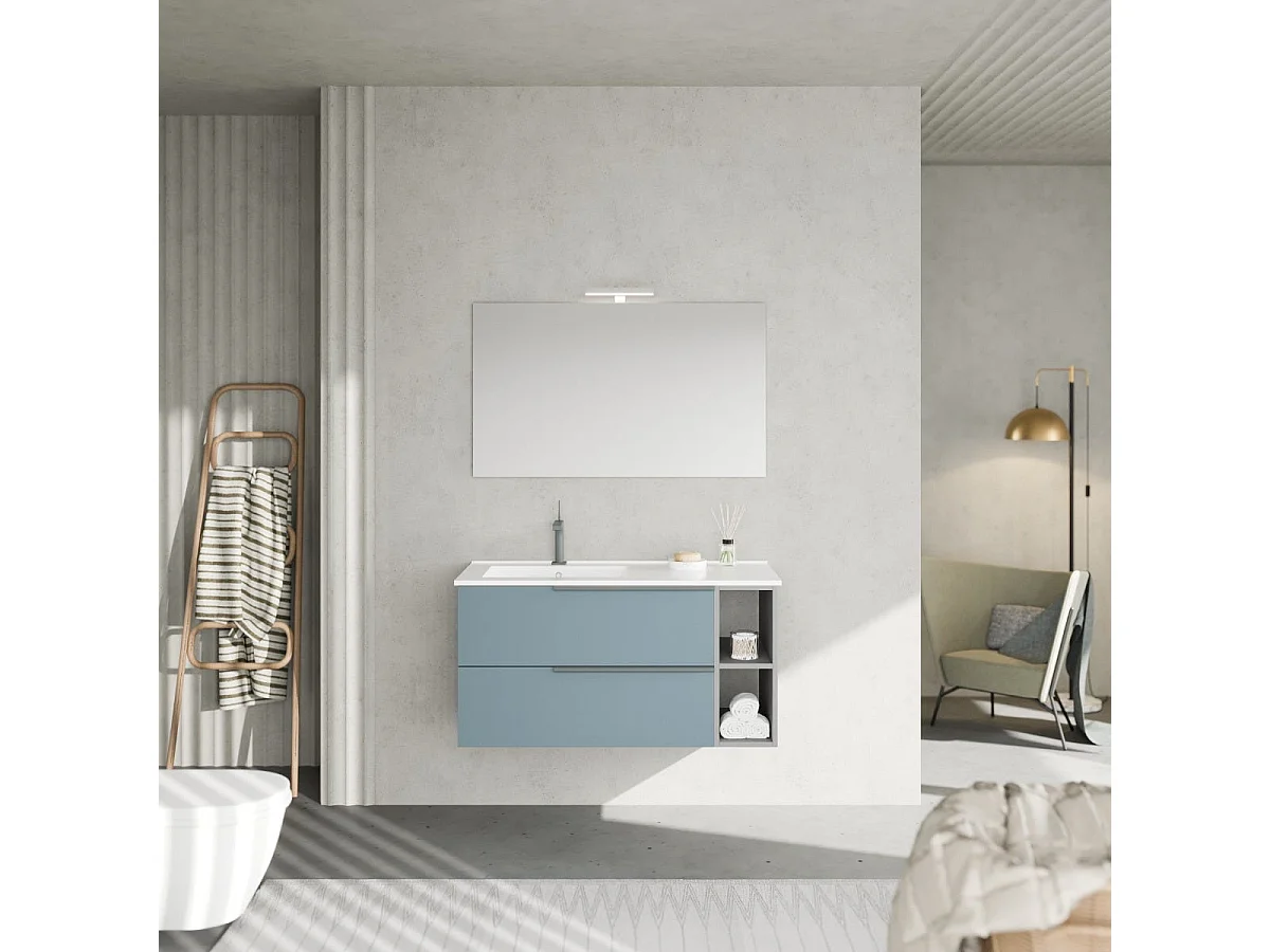 Meubles De Salle De Bains Suspendus 100Cm Bleu Clair, Lavabo Et Miroir Avec Lampe | New York
