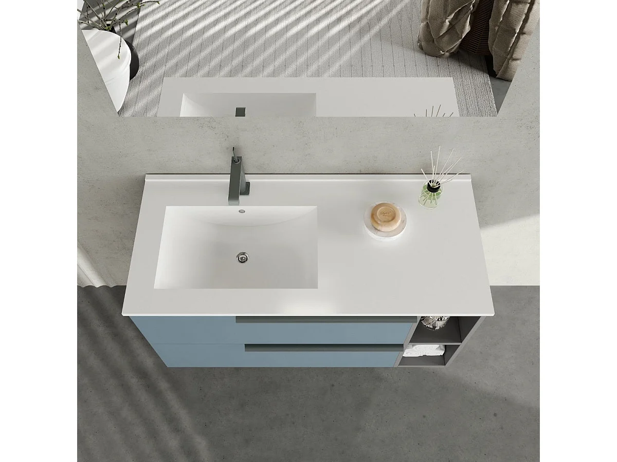 Meubles De Salle De Bains Suspendus 100Cm Bleu Clair, Lavabo Et Miroir Avec Lampe | New York