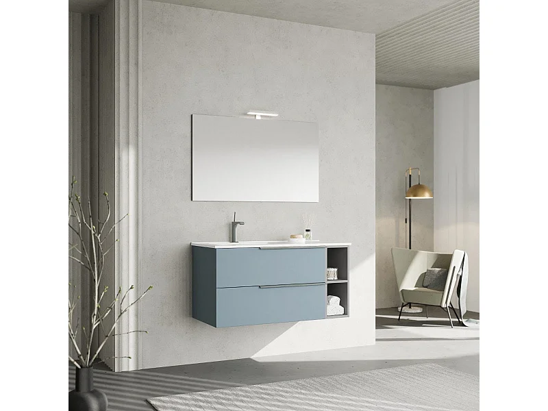 Meubles De Salle De Bains Suspendus 100Cm Bleu Clair, Lavabo Et Miroir Avec Lampe | New York