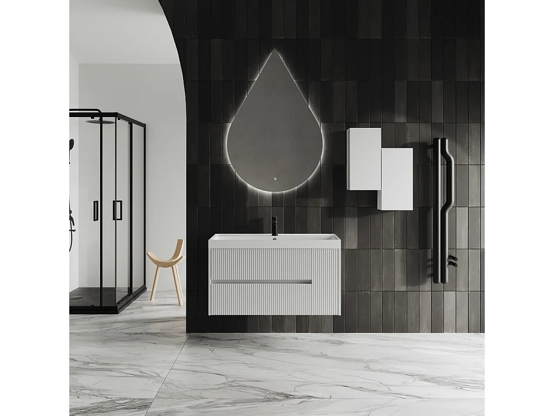 Mobile Salle De Bain 100Cm Blanc Mat Miroir En Goutte D'eau | Cortina