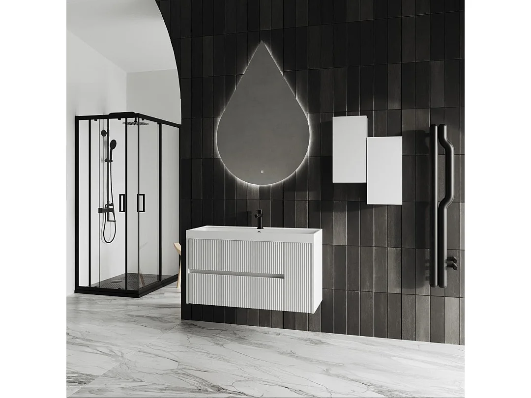 Mobile Salle De Bain 100Cm Blanc Mat Miroir En Goutte D'eau | Cortina