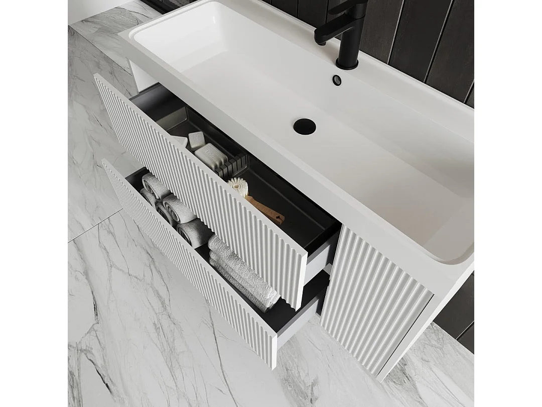 Mobile Salle De Bain 100Cm Blanc Mat Miroir En Goutte D'eau | Cortina