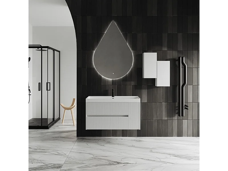 Mobile Salle De Bain 100Cm Blanc Mat Miroir En Goutte D'eau | Cortina