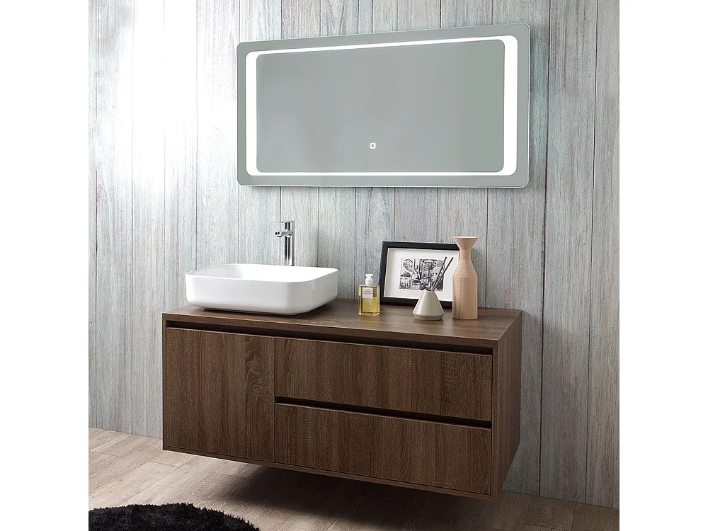 Meuble De Salle De Bain En Bois Noyer Foncé, Lavabo, Miroir Tactile Led | Siena