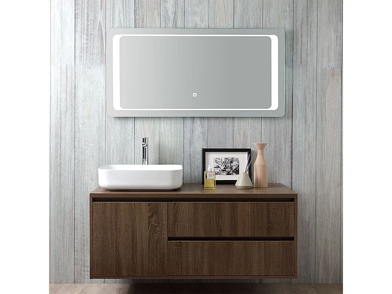 Meuble De Salle De Bain En Bois Noyer Foncé, Lavabo, Miroir Tactile Led | Siena