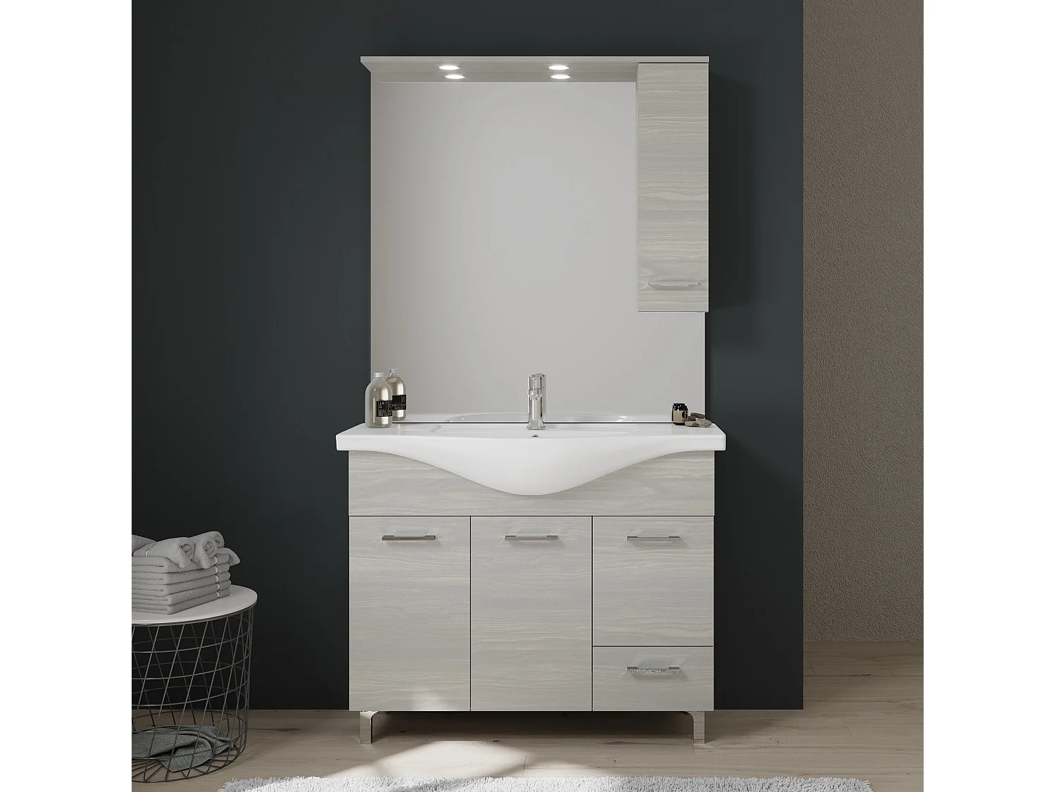 Meuble De Salle De Bains À Poser 105 Cm Avec Portes Lavabo Et Miroir | Rimini