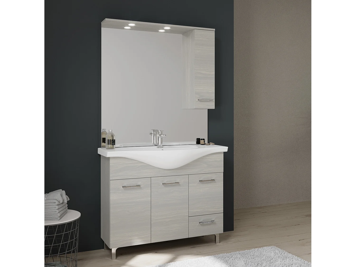 Meuble De Salle De Bains À Poser 105 Cm Avec Portes Lavabo Et Miroir | Rimini