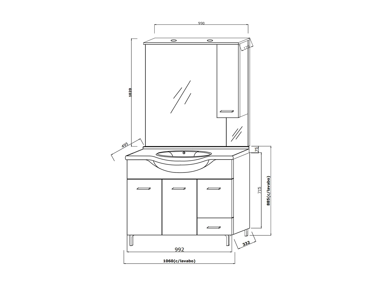 Meuble De Salle De Bains À Poser 105 Cm Avec Portes Lavabo Et Miroir | Rimini